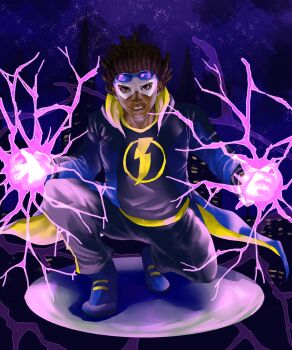 1boy black_hair brown_eyes dark_skin dc_comics domino_mask dreadlocks electricity eye_mask gloves goggles gradient_background highres jacket male_focus mask sketch solo static_shock virgil_ovid_hawkins