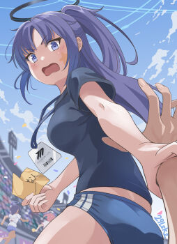 1girl 1other absurdres ass black_halo black_shirt blue_archive blue_buruma blue_eyes blue_sky blush borrowing_race breasts buruma commentary_request confetti day eyes_visible_through_hair gym_uniform hair_between_eyes half_updo halo highres holding holding_another&#039;s_wrist holding_paper id_card long_hair looking_at_viewer mechanical_halo medium_breasts midriff_peek millennium_science_school_logo nikulas_cage official_alternate_costume official_alternate_hairstyle open_mouth outdoors paper ponytail pov pov_hands purple_hair shirt short_sleeves sky solo_focus sweatdrop translated wavy_mouth yuuka_(blue_archive) yuuka_(track)_(blue_archive)