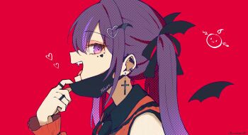 absurdres alternate_costume artist_name black_ribbon blood blood_from_mouth character_name collared_shirt commentary cross cross_earrings diamond-shaped_pupils diamond_(shape) ear_piercing earrings facial_mark fangs hair_between_eyes hair_ribbon hand_up heart heart_facial_mark heart_hairclip highres jewelry mask_pull mikure_narin open_mouth piercing purple_eyes purple_hair red_background ribbon ring shirt simple_background sowon_(sowonhae) symbol-shaped_pupils teeth twintails upper_teeth_only vampire_(vocaloid) vspo! vspo!_en