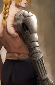 1boy automail black_pants blonde_hair braid closed_mouth commentary edward_elric english_commentary eyes_out_of_frame from_behind fullmetal_alchemist head_out_of_frame highres long_hair male_focus mechanical_arms ndsoda pants signature single_braid single_mechanical_arm solo topless_male