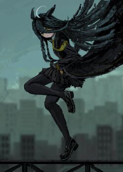 1girl absurdres ahoge animal_ears black_coat black_gloves black_hair black_pantyhose black_shirt black_skirt closed_mouth coat collared_shirt commentary ear_tag earrings english_commentary gloves hair_between_eyes highres horse_ears horse_girl horse_tail jewelry long_bangs long_hair long_hair_between_eyes long_sleeves looking_at_viewer manhattan_cafe_(creeping_shadow)_(umamusume) manhattan_cafe_(umamusume) multicolored_hair necktie pantyhose shirt single_earring skirt solo tail thefatum umamusume very_long_hair white_hair yellow_eyes yellow_necktie