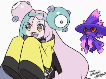 1girl :d animated ariga_hitoshi bow-shaped_hair character_hair_ornament commentary_request gen_4_pokemon hair_ornament happy iono_(pokemon) jacket long_hair long_sleeves mismagius nintendo open_mouth pokemon pokemon_(creature) pokemon_sv shaking signature sleeves_past_fingers sleeves_past_wrists smile teeth tongue upper_teeth_only video white_background yellow_eyes yellow_jacket