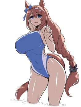 1girl animal_ears blue_eyes blue_one-piece_swimsuit braid breasts brown_hair competition_swimsuit covered_navel crown_braid hair_between_eyes hand_on_own_face highleg highleg_one-piece_swimsuit highres horse_ears horse_tail large_breasts one-piece_swimsuit pataneet simple_background single_braid solo standing super_creek_(umamusume) swimsuit tail umamusume wading white_background