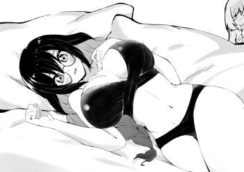 1girl aged_up arm_up bare_arms bare_hips bikini blush braid breasts breasts_apart cameo clenched_hand colored_inner_hair commentary_request glasses greyscale hair_between_eyes hanazono_hahari hand_on_own_chest highres iin_chiyo iin_chiyo_(hyakkano_party) kimi_no_koto_ga_dai_dai_dai_dai_daisuki_na_100-nin_no_kanojo large_breasts linea_alba long_hair looking_at_viewer low_twin_braids lowleg lying monochrome multicolored_hair nanraka navel official_alternate_hair_length official_alternate_hairstyle on_back on_side parted_lips pillow sidelocks solo_focus stomach swimsuit thighs twin_braids very_long_hair