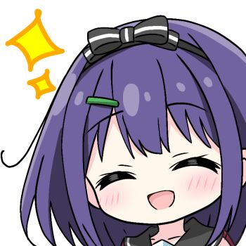 Rule 34 | 1girl, :d, ^ ^, black bow, blush, bow, closed eyes, commentary request, facing viewer, hair bow, kotatsu-mazoku, misora (princess connect!), open mouth, portrait, princess connect!, purple hair, sailor collar, short hair, simple background, smile, solo, white background
