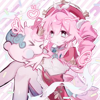 Rule 34 | > <, 1girl, aqua eyes, chicachang, crown, dress, drill hair, hashtag-only commentary, hat, highres, honkai: star rail, honkai (series), hyacine (honkai: star rail), little ica (honkai: star rail), long sleeves, mini crown, pantyhose, pegasus, pink hair, puffy long sleeves, puffy sleeves, sidelocks, sparkling eyes, twin drills