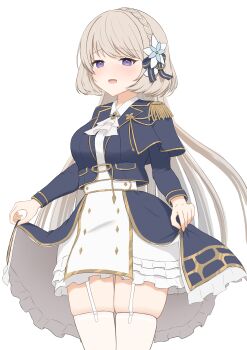 1girl absurdres ascot black_capelet black_jacket blonde_hair blush bow braid capelet clothes_grab crown_braid dorothea_kirkland dress flower frilled_ascot frills gold_trim hair_bow hair_flower hair_ornament highres jacket long_hair minato_ykmc muv-luv muv-luv_girls_garden open_clothes open_jacket open_mouth purple_eyes solo thighhighs white_background white_dress white_thighhighs