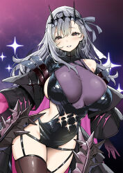 Rule 34 | 1girl, blush, breasts, brown thighhighs, commentary, cowboy shot, gloves, goddess of victory: nikke, grey hair, hair ornament, highres, large breasts, long hair, long sleeves, looking at viewer, modernia (nikke), modernia (second affection) (nikke), official alternate costume, parted lips, purple background, purple gloves, red eyes, single bare shoulder, sky-freedom, smile, solo, symbol-shaped pupils, thighhighs, thighs