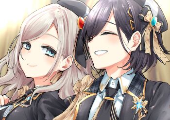 2girls ^_^ absurdres beret black_bow black_hair black_hat black_jacket black_necktie blush bow ceras_yanagida_lilienfeld closed_eyes closed_mouth collared_shirt commentary edel_note grin hair_bow hair_ornament hair_ribbon hat highres jacket jellyfish_cut katsuragi_izumi layered_necktie link!_like!_love_live! long_hair love_live! mendo_(mend0o0) multiple_girls neckerchief necktie open_clothes open_jacket portrait ribbon shirt smile striped_clothes tassel theater_ikizama triangle_hair_ornament vertical-striped_clothes vertical-striped_necktie virtual_youtuber white_shirt yellow_background yellow_neckerchief yellow_necktie yellow_ribbon