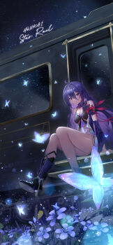 1girl absurdres ahoge arm_scarf armband astral_express_(honkai:_star_rail) bandana_around_arm bare_shoulders blue_hair breasts bug butterfly colored_inner_hair earrings grey_hair hair_between_eyes highres honkai:_star_rail honkai_(series) insect jewelry long_hair looking_at_viewer multicolored_hair night purple_butterfly purple_eyes purple_hair purple_scarf red_armband scarf scarf_choker seele_(honkai:_star_rail) sitting solo thighs train