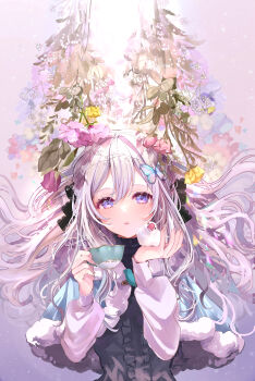 1girl absurdres animal bird black_shirt blue_capelet blue_flower capelet center_frills commentary cup floating_hair flower frills fur-trimmed_capelet fur_trim grey_hair hair_between_eyes hands_up highres holding holding_animal holding_cup java_sparrow long_hair long_sleeves looking_at_viewer original pink_flower puffy_long_sleeves puffy_sleeves puracotte purple_eyes red_flower shirt signature sleeves_past_wrists solo teacup upper_body very_long_hair white_java_sparrow yellow_flower