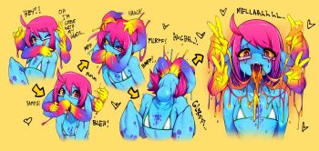 1girl :q absurdres ahoge arrow_(symbol) autofellatio bikini blue_skin colored_sclera colored_skin cteno_(slugbox) deepthroat double_v english_text engrish_text fellatio female_masturbation fisting flat_chest glasses handjob_gesture head_arms highres looking_at_viewer masturbation micro_bikini monster_girl open_mouth oral oral_fisting original pink_hair ranguage red_eyes short_hair simple_background slugbox solo swimsuit throat_bulge tongue tongue_out upper_body v white_bikini yellow_background yellow_sclera