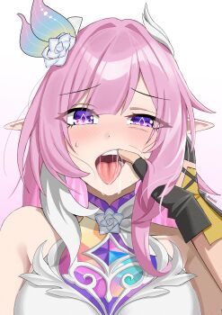 1boy 1girl absurdres bare_shoulders black_gloves breasts caelus_(honkai:_star_rail) commentary cyrene_(honkai:_star_rail) cyrene_(ripples_of_past_reverie)_(honkai:_star_rail) diamond-shaped_pupils diamond_(shape) dress fingerless_gloves flower gloves hair_flower hair_ornament hand_in_another&#039;s_mouth highres honkai:_star_rail honkai_(series) large_breasts long_hair looking_at_viewer multicolored_hair pink_hair pointy_ears pov pov_hands purple_eyes rafxeed saliva simple_background symbol-only_commentary symbol-shaped_pupils trailblazer_(honkai:_star_rail) two-tone_hair very_long_hair white_background white_dress white_hair