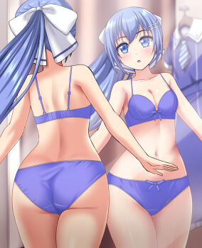 1girl :o absurdres ass back blue_bra blue_eyes blue_hair blue_panties blurry blurry_background blush bow bow_bra bow_panties bra breasts cleavage commentary_request commission crotch_seam depth_of_field fitting_room hair_ornament hair_ribbon hairclip highres indoors lace lace-trimmed_bra lace-trimmed_panties lace_trim looking_at_viewer navel original panties partial_commentary pixiv_commission ponytail reflection ribbon school_uniform small_breasts solo standing underwear underwear_only unworn_clothes white_ribbon zanntetu