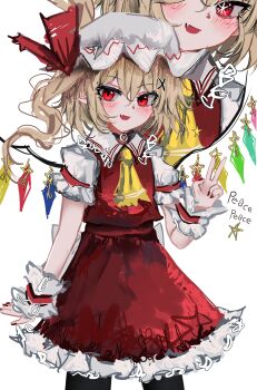 Rule 34 | 1girl, absurdres, ascot, black pantyhose, blonde hair, blush, commentary, crystal, crystal wings, english commentary, fang, flandre scarlet, frilled skirt, frills, hat, highres, looking at viewer, mob cap, multicolored wings, one side up, open mouth, ougiikun, pantyhose, pointy ears, red eyes, red skirt, red vest, shirt, simple background, skin fang, skirt, skirt set, smile, solo, touhou, v, vest, white background, white hat, white shirt, wings, wrist cuffs, yellow ascot