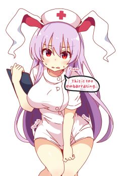 Rule 34 | 1girl, absurdres, alternate language, animal ears, blush, breasts, clipboard, commentary request, dress, dress tug, embarrassed, hat, highres, korra down, large breasts, long hair, nurse, nurse cap, purple hair, rabbit ears, red eyes, reisen udongein inaba, short dress, touhou, touhou lostword