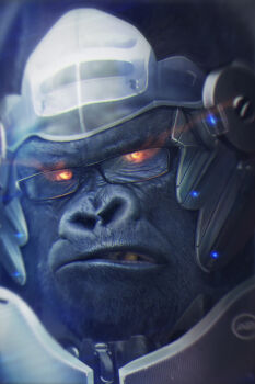 1boy armor derivative_work glasses glowing glowing_eyes gorilla male_focus orange_eyes overwatch overwatch_1 photo-referenced portrait power_armor reference_photo reference_work solo winston_(overwatch) yellow_eyes