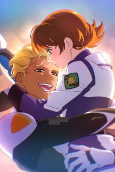 1boy 1girl angel blonde_hair blue_eyes blush brown_hair close-up closed_mouth couple dark-skinned_male dark_skin dearka_elsman facing_another facing_to_the_side gloves gundam gundam_seed gundam_seed_destiny gundam_seed_freedom hands_on_another&#039;s_back hands_on_another&#039;s_shoulders hands_on_another&#039;s_waist helmet holding holding_unworn_helmet hug jacket looking_at_another looking_to_the_side looking_up lukaaa mature_female medium_hair military military_jacket military_uniform miriallia_haw open_mouth orb short_hair swept_bangs unworn_helmet upper_body very_short_hair zaft_(gundam) zaft_uniform