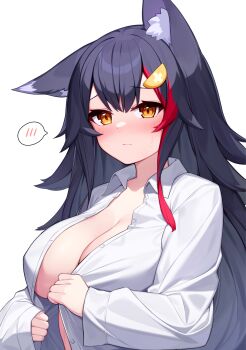 1girl animal_ear_fluff animal_ears blush breasts cleavage closed_mouth commentary_request deaver hair_ornament highres hololive large_breasts long_hair long_sleeves multicolored_hair ookami_mio open_clothes open_shirt red_hair simple_background solo spoken_blush streaked_hair upper_body virtual_youtuber white_background wolf_ears wolf_girl yellow_eyes