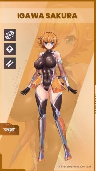 1girl animated ass audible_speech black_leotard blonde_hair character_name covered_navel curvy elbow_gloves female_focus full_body game_cg gloves highleg highleg_leotard highres holding holding_weapon huge_ass igawa_sakura japanese_audio jumping kagami_hirotaka leotard lilith-soft orange_background orange_hair revealing_clothes ryona shiny_clothes shiny_skin short_hair simple_background smile solo sound taimanin_(series) taimanin_asagi taimanin_squad video weapon wide_hips