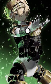 1girl aigis_(persona) android armband armor black_vest blonde_hair blue_eyes bow bowtie commentary english_commentary finger_cannon finger_gun glass_shards gold_hairband green_background hair_between_eyes hairband heterochromia highres joints k1kiwa metal_hairband official_alternate_costume persona persona_3 persona_3_reload persona_3_the_answer power_armor red_armband red_bow red_eyes ribbon robot_ears robot_girl robot_joints serious short_hair sidelocks solo vest