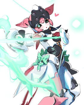 1girl absurdres arrow_(projectile) artificial_eye blush bow bow_(weapon) breasts commentary cowboy_shot english_commentary green_bow green_eyes heart highres holding holding_bow_(weapon) holding_weapon humanoid_robot joints mechanical_arms mechanical_ears mechanical_eye mechanical_legs metal_skin one_eye_closed open_mouth polka_dot polka_dot_bow reallycute456 robot robot_girl robot_joints simple_background small_breasts solo weapon white_background yutane_johiel zenless_zone_zero