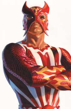 1boy absurdres alex_ross bodysuit comic_cover cover cover_page crossed_arms highres looking_at_viewer male_focus marvel mask muscular muscular_male official_art red_bodysuit scale_print shiro_yoshida solo striped_bodysuit sunfire_(x-men) superhero_costume upper_body western_comics_(style) white_background white_bodysuit x-men
