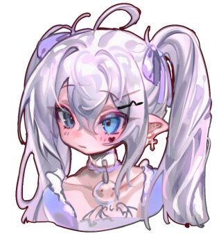 1girl ahoge blue_eyes choker closed_mouth cloud_(lufaeris) commentary cropped_shoulders cross cross_earrings double-parted_bangs earrings english_commentary facial_mark grey_hair hair_between_eyes hair_ribbon heart heart_facial_mark heterochromia jewelry long_hair original pointy_ears purple_ribbon ribbon simple_background solo turning_head twintails white_background white_choker