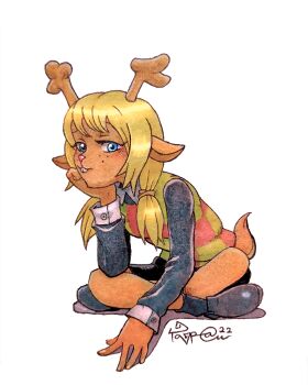 1girl animal_ears animal_nose antlers black_footwear black_shirt black_skirt black_sleeves black_socks blonde_hair body_fur brown_fur buck_teeth checkered_clothes checkered_sweater_vest checkered_vest collared_shirt deer_ears deer_girl deer_tail deltarune fingernails freckles furry furry_female green_sweater_vest green_vest hair_tie hand_on_ground hand_on_own_chin head_rest highres horns indian_style light_blush long_sleeves looking_at_viewer multicolored_vest noelle_holiday on_ground painting_(medium) red_nose red_sweater_vest red_vest reindeer_girl shirt simple_background sitting skirt socks solo sweater_vest tail taragraphika teeth traditional_media twintails utdr_(toby_fox) vest watercolor_(medium) white_background