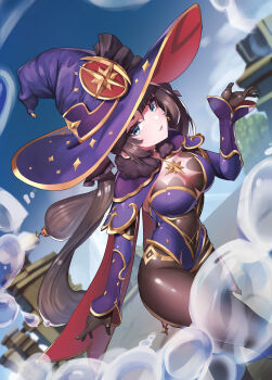 1girl absurdres black_gloves black_hair black_pantyhose blue_eyes blue_sky breasts bubble capelet cleavage cloud cloudy_sky commentary cowboy_shot day dutch_angle earrings elbow_gloves eyelashes fur_collar genshin_impact gloves hair_ornament hat highleg highleg_leotard highres iznal jewelry leotard lips long_hair looking_at_viewer medium_breasts mona_(genshin_impact) outdoors pantyhose parted_lips purple_hat purple_leotard shiny_clothes shiny_skin sidelocks sky solo thighs twintails witch_hat