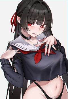 1girl 1im_illus absurdres arm_cutout black_hair black_panties black_shirt blush breasts chisa_(wuthering_waves) chromatic_aberration clothing_cutout commentary female_pubic_hair fingernails grey_background hair_ribbon highres large_breasts long_fingernails long_hair long_sleeves looking_at_viewer mole mole_under_eye navel neckerchief no_pants panties parted_lips pubic_hair red_eyes red_neckerchief red_ribbon ribbon sailor_collar shirt simple_background solo stomach tacet_mark_(wuthering_waves) underwear very_long_hair white_sailor_collar wuthering_waves