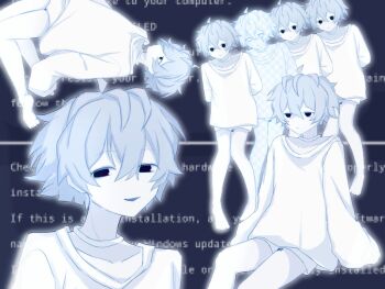 1other arazan_(ara_arazan24) black_eyes collarbone fake_transparency grey_hair indie_virtual_youtuber mosaic_background multiple_views outer_glow shirt short_hair shorts sitting sleeves_past_fingers sleeves_past_wrists smile text_background white_shirt white_shorts yukue_fumei