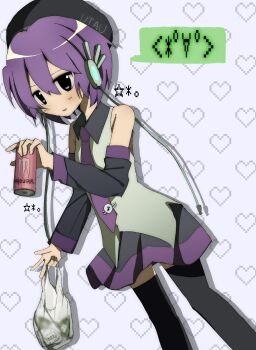 1girl 2000s_(style) bag beret black_hat black_skirt collared_shirt commentary_request cowboy_shot detached_sleeves drink emoticon hat headphones heart heart_background highres holding holding_bag holding_drink kaomoji monster_energy necktie pixel_art_inset pleated_skirt purple_eyes purple_hair purple_necktie shirt short_hair simple_background skirt solo standing two-tone_skirt utane_uta utau uuuuua07