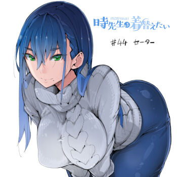 1girl blue_hair breasts highres large_breasts mole pants tagme takayama_toshinori white_background