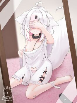 1girl absurdres animal_ears bandaged_ankle breasts cat_ears cat_girl cat_tail chain chain_leash clothes_pull clothing_cutout collar colored_inner_hair covered_face cutout_below_navel dress dress_pull frilled_dress frills highres indie_virtual_youtuber kuma_no_nebosuke leash mirror mirror_selfie multicolored_hair pink_hair roa_(vtuber) selfie small_breasts smile streaked_hair tail torn_clothes torn_dress two-tone_hair virtual_youtuber white_dress white_hair wide_sleeves