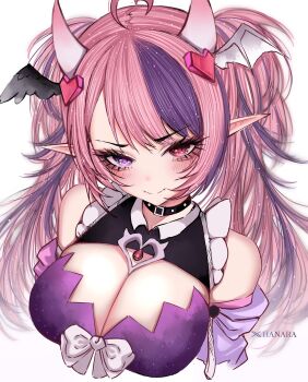 1girl ahoge breasts choker demon_girl demon_horns haanariia hair_ornament head_wings heart heart_ahoge heart_hair_ornament highres horns indie_virtual_youtuber ironmouse large_breasts long_hair looking_at_viewer multicolored_hair pink_hair purple_eyes purple_hair purple_streaks streaked_hair twintails upper_body virtual_youtuber white_background wings