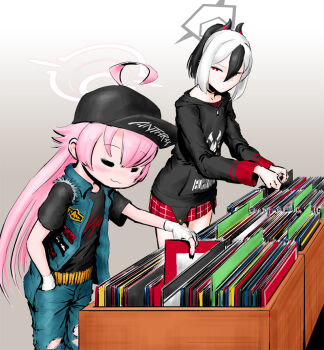 Rule 34 | 2girls, :3, = =, alternate costume, ammunition belt, anthrax (band), band shirt, belt, black hair, black hoodie, black shirt, blue archive, box, bullet, choufu shimin, closed eyes, commentary request, demon horns, denim, denim jacket, feet out of frame, fingerless gloves, glaring, gloves, grey background, group name, hair between eyes, hair through headwear, half-closed eyes, halo, hand in pocket, hat, hood, hood down, hoodie, horns, hoshino (blue archive), jacket, jeans, kayoko (blue archive), long hair, long sleeves, looking at another, medium hair, merchandise, miniskirt, multicolored hair, multiple girls, open clothes, open jacket, pants, pink hair, pleated skirt, ponytail, record store, red eyes, red skirt, shirt, shop, shopping, short sleeves, simple background, skirt, sleeveless, sleeveless jacket, standing, t-shirt, torn clothes, torn jeans, torn pants, two-tone hair, vinyl record, white gloves, white hair