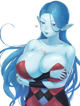 Rule 34 | 1boy, 1girl, arinsu (kodamamaimai), arm under breasts, bare shoulders, black dress, blue eyes, blue hair, blue nails, blue skin, blue tongue, breasts, checkered clothes, checkered dress, cleavage, colored skin, colored tongue, commentary request, covered erect nipples, crossed arms, dragon quest, dragon quest viii, dress, giant, giantess, heart, hero (dq8), huge breasts, long hair, nail polish, person between breasts, pointy ears, red dress, smile, solo, strapless, strapless dress, tongue, tongue out, two-tone dress, witch lady (dq8)