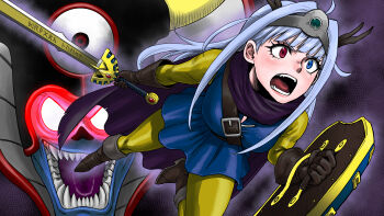 Rule 34 | 1girl, absurdres, black boots, blue eyes, blue hair, blue tunic, boots, breasts, circlet, commentary request, cosplay, dragon quest, dragon quest iii, gowraith (vtuber), hero (dq3), hero (dq3) (cosplay), heterochromia, highres, holding, holding shield, holding sword, holding weapon, indie virtual youtuber, knee boots, long hair, medium breasts, monster, open mouth, red eyes, sharp teeth, shield, sword, takayama akira, teeth, tunic, weapon, zoma