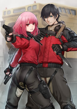 1boy 1girl black_gloves black_hair black_jacket black_pants blue_eyes combat_knife commander_(girls'_frontline) commentary_request dual_wielding elmo_(vehicle) female_commander_(girls'_frontline) girls'_frontline girls'_frontline_2:_exilium gloves gun handgun highres hiyashiru holding holding_gun holding_knife holding_weapon holster jacket knife long_sleeves medium_hair multicolored_jacket pants partially_fingerless_gloves pink_hair ponytail red_eyes red_jacket reverse_grip short_ponytail smile thigh_holster two-tone_jacket weapon weapon_request