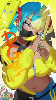 Rule 34 | 1boy, 1girl, aqua hair, bandeau, black mask, blonde hair, blue eyes, blue nails, blush, breasts, canari (pokemon), colored sclera, criss-cross straps, dark-skinned female, dark skin, eel, eelektross, fangs, fish, gen 4 pokemon, gen 5 pokemon, glasses, hat, highres, jacket, lamprey, large breasts, lightning bolt symbol, long sleeves, looking at viewer, mani (pokemon), mask, mask pull, mega stone, mouth mask, multicolored hair, multicolored nails, navel, nintendo, one eye closed, open mouth, pants, pokemon, pokemon (creature), pokemon legends: z-a, red sclera, rotom, rotom phone, short twintails, solo focus, split-color hair, sports bra, thumbs up, twintails, two-tone hair, two-tone mask, two-tone pants, yasaikakiage, yellow bandeau, yellow jacket, yellow mask, yellow nails, yellow sports bra