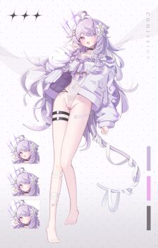 1girl ahoge alternate_costume animal_ears antenna_hair bandage_over_one_eye bandaged_leg bandages bare_legs barefoot belt black_choker blush bow bowtie braid breasts cameltoe cat_ears cat_girl cat_tail choker closed_mouth collarbone color_guide covered_navel crop_top fang feet flower full_body hair_flower hair_ornament hair_over_one_eye halo hand_up highleg highleg_leotard highres jacket legs leotard long_hair long_sleeves looking_at_viewer multicolored_hair multiple_expressions multiple_views neck_ribbon neckerchief necktie open_clothes open_jacket open_mouth pendant_choker polka_dot polka_dot_background puffy_long_sleeves puffy_sleeves purple_bow purple_bowtie purple_eyes purple_hair purple_jacket purple_neckerchief purple_necktie purple_ribbon purple_sailor_collar reference_sheet ribbon sailor_collar sailor_shirt satoh_vrc shinano_(vrchat) shirt skin_fang sleeves_past_wrists smile standing swimsuit swimsuit_under_clothes tail thigh_belt thigh_strap toenails toes very_long_hair vrchat white_flower white_jacket white_leotard white_shirt x_hair_ornament zipper zipper_pull_tab