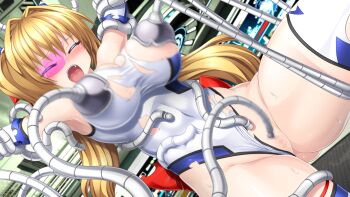 1girl armpits blonde_hair blush breast_sucking breasts broken_eyewear censored cleavage clitoral_stimulation closed_eyes clothing_aside covered_navel dutch_angle elbow_gloves female_orgasm forced_orgasm game_asset gloves hair_intakes hengen_souki_shine_mirage koppamu large_breasts large_variant_set leotard leotard_aside long_hair magical_girl mosaic_censoring non-web_source official_art open_mouth orgasm pink-tinted_eyewear pussy raised_eyebrows restrained self-datamine sex_machine shine_mirage shiny_skin solo spread_legs stationary_restraints sweat tentacles thighhighs tinted_eyewear tongue tongue_out torn_clothes torn_leotard toudouin_saki twintails variant_set visual_novel_cg white_gloves white_leotard white_thighhighs