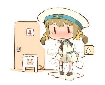 Rule 34 | 1girl, black eyes, black ribbon, black shoes, blue sailor collar, blush, bow, brown hair, chibi, closed mouth, clothes writing, copyright name, door, embarrassed, english text, error musume, female focus, full body, girl holding a cat (kancolle), hair bow, hanomido, hat, have to pee, indoors, japanese text, kantai collection, kneehighs, long sleeves, miniskirt, neck ribbon, nose blush, own hands together, peeing, peeing self, pigeon-toed, pleated skirt, puddle, ribbon, sailor collar, school uniform, serafuku, shoes, sign, skirt, socks, solid oval eyes, solo, speech bubble, standing, steam, tears, thought bubble, translation request, trembling, twintails, v arms, wavy mouth, wet, wet clothes, white hat, white skirt, white socks, yellow bow