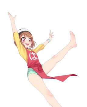 1girl :d apron arms_up bare_legs barefoot blush braid braided_hair_rings brown_hair collared_shirt commentary delicious_party_precure feet foot_out_of_frame green_shorts hair_rings hanamichi_ran hat leg_up looking_at_viewer maidforge medium_hair open_mouth panda_hat precure red_apron shirt short_shorts shorts simple_background smile soles solo spread_fingers standing standing_on_one_leg swept_bangs teeth three-quarter_sleeves toes upper_teeth_only watch white_background white_hat wristwatch yellow_shirt