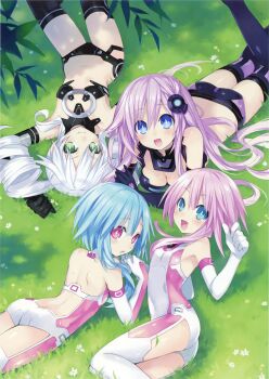 4girls absurdres back back_muscles bare_shoulders black_sister black_sister_(next-gen_cradle) blue_eyes blue_hair bodysuit boots breasts cleavage drill_hair exited gloves grass green_eyes happy highres long_hair medium_breasts multiple_girls navel nepgear neptune_(series) official_art open_mouth pink_eyes pink_hair purple_sister ram_(neptunia) rom_(neptunia) short_hair small_breasts smile surprised thighs tree tsunako tsundere twin_drills twintails uni_(neptunia) white_hair white_sister_ram white_sister_rom