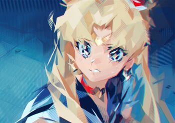1girl bishoujo_senshi_sailor_moon blonde_hair blue_eyes blue_sailor_collar choker circlet commentary_request crescent crescent_earrings earrings hair_over_shoulder heart heart_choker highres idk-kun jewelry long_hair magical_girl meme red_choker sailor_collar sailor_moon_redraw_challenge_(meme) solo tsukino_usagi twintails upper_body