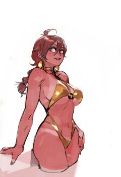 Rule 34 | 1girl, 33dot, aubrey (neal d. anderson), bikini, body freckles, borrowed character, braid, breasts, commission, dark-skinned female, dark skin, earrings, freckles, full body, gold bikini, golden week, highres, hoop earrings, jewelry, large breasts, mole, mole above mouth, navel, original, red hair, satin, satin bikini, shiny swimsuit, single braid, smile, solo, swimsuit, tan, tanline