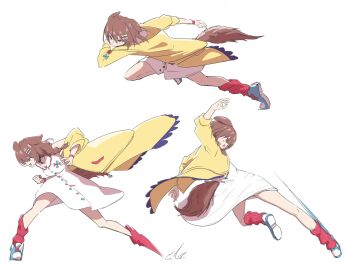 1girl animal_collar animal_ears bone_hair_ornament braid brown_hair collar dog_ears dog_girl dog_tail dress fighting_stance from_side hair_ornament hashtag-only_commentary highres hololive inugami_korone inugami_korone_(1st_costume) jacket kicking motion_lines multiple_views north_work open_mouth red_eyes red_socks running simple_background socks tail virtual_youtuber white_background white_dress yellow_jacket