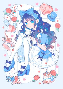 1girl ace_(playing_card) ace_of_hearts alice&#039;s_adventures_in_wonderland alice_(alice_in_wonderland) blue_border blue_bow blue_dress blue_eyes blue_hair blue_hat blue_shoes border bow cake card cheshire_cat_(alice_in_wonderland) commentary_request commission cup dress flower food fruit gradient_hair grid_background hair_bow hat heart high_heels highres hiro046k holding holding_cup holding_pocket_watch knees_up looking_at_viewer multicolored_hair original petals pink_hair playing_card pocket_watch puffy_short_sleeves puffy_sleeves queen_(playing_card) queen_of_hearts_(playing_card) red_flower red_rose rose running saucer shoes short_sleeves sidelocks skirt smile strawberry teacup teapot thighhighs three_of_hearts top_hat unworn_hat unworn_headwear watch watermark white_background white_rabbit_(alice_in_wonderland) white_skirt white_thighhighs white_wrist_cuffs wrist_cuffs